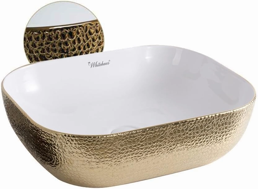 Whitehaus Isabella Plus Collection Rectangular Above Mount Basin with Embossed Exterior, Smooth Interior, Center Drain; No faucet hole; Color: White/Gold