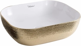 Whitehaus Isabella Plus Collection Rectangular Above Mount Basin with Embossed Exterior, Smooth Interior, Center Drain; No faucet hole; Color: White/Gold