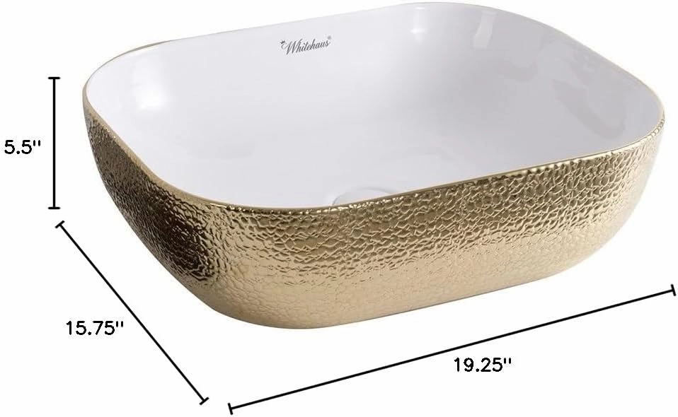 Whitehaus Isabella Plus Collection Rectangular Above Mount Basin with Embossed Exterior, Smooth Interior, Center Drain; No faucet hole; Color: White/Gold