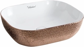 Whitehaus Isabella Plus Collection Rectangular Above Mount Basin with Embossed Exterior, Smooth Interior, Center Drain; No faucet hole; Color: White/Rose Gold
