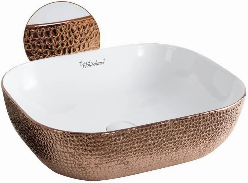 Whitehaus Isabella Plus Collection Rectangular Above Mount Basin with Embossed Exterior, Smooth Interior, Center Drain; No faucet hole; Color: White/Rose Gold