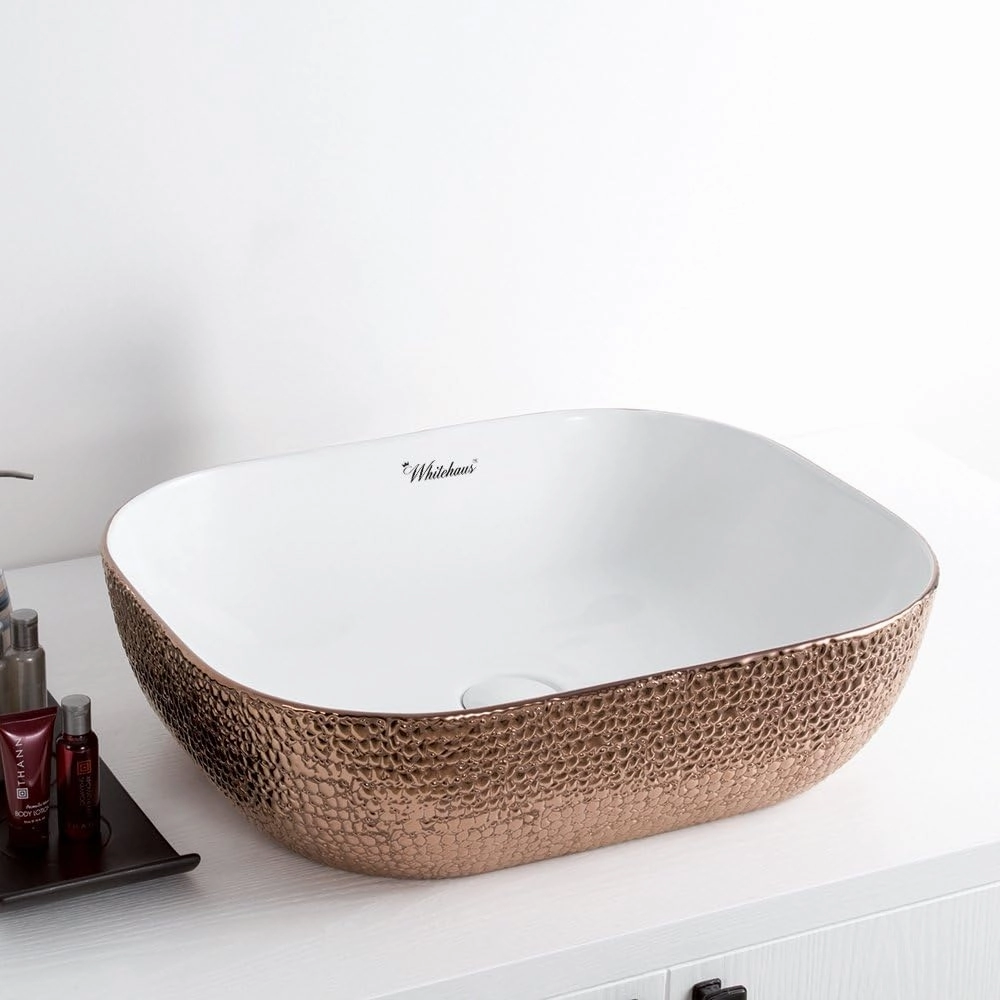 Whitehaus Isabella Plus Collection Rectangular Above Mount Basin with Embossed Exterior, Smooth Interior, Center Drain; No faucet hole; Color: White/Rose Gold