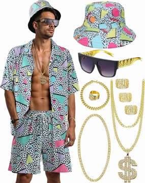 WILDPARTY 80s 90s Outfit for Men, Hip Hop Costume Button Up Blouse Tops Disco Retro Theme Party Outfit Hawaiian Vintage