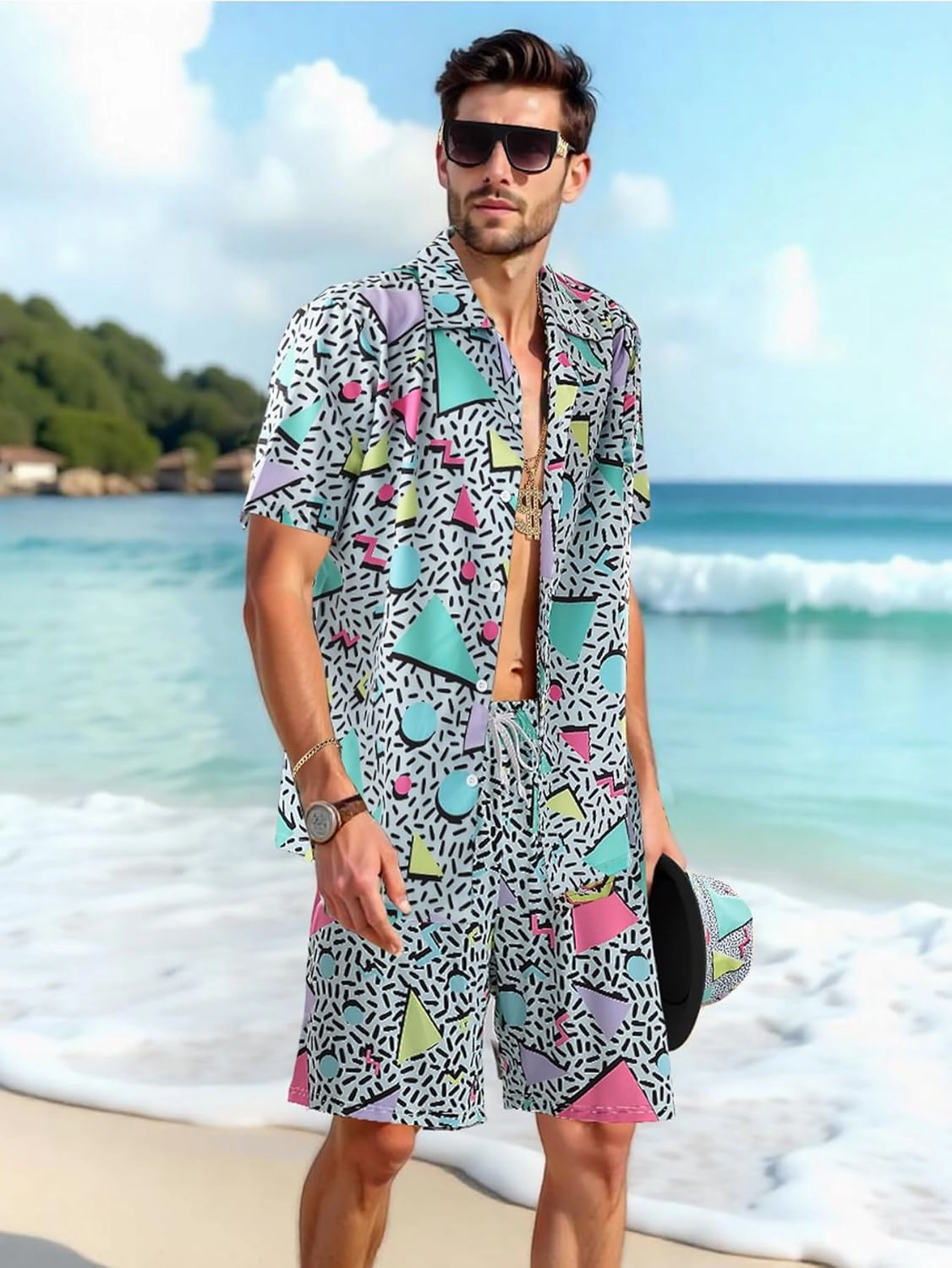 WILDPARTY 80s 90s Outfit for Men, Hip Hop Costume Button Up Blouse Tops Disco Retro Theme Party Outfit Hawaiian Vintage