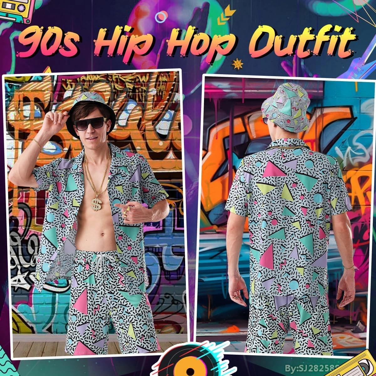 WILDPARTY 80s 90s Outfit for Men, Hip Hop Costume Button Up Blouse Tops Disco Retro Theme Party Outfit Hawaiian Vintage