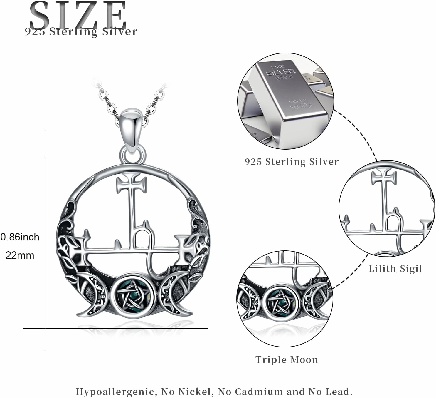 Witch Necklace 925 Sterling Silver Pentagram Triple Moon Pentacle Pendant Wiccan Pagan Jewelry Witchy Gifts for Women
