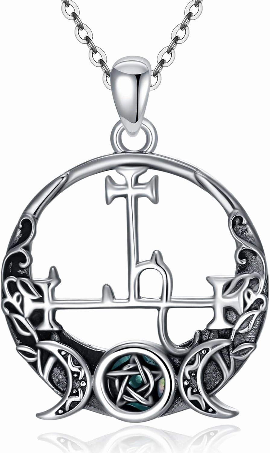 Witch Necklace 925 Sterling Silver Pentagram Triple Moon Pentacle Pendant Wiccan Pagan Jewelry Witchy Gifts for Women