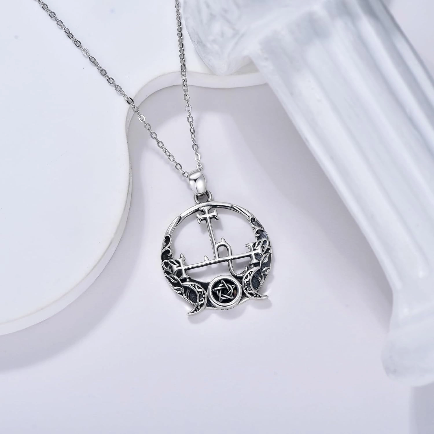 Witch Necklace 925 Sterling Silver Pentagram Triple Moon Pentacle Pendant Wiccan Pagan Jewelry Witchy Gifts for Women