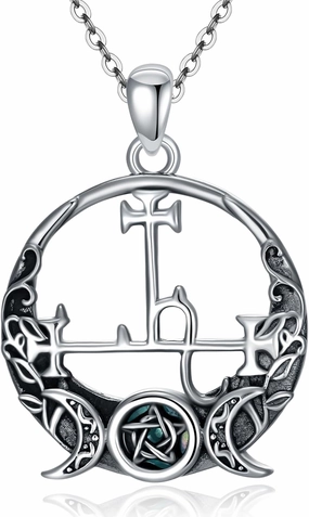 Witch Necklace 925 Sterling Silver Pentagram Triple Moon Pentacle Pendant Wiccan Pagan Jewelry Witchy Gifts for Women