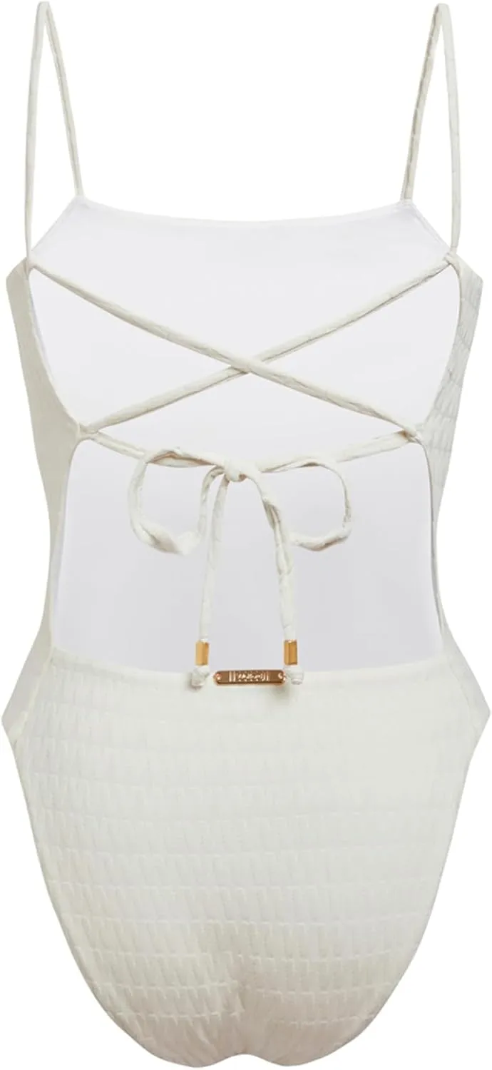 Wolford Logo Swim Beach Body for Women W Logo Shape High Cut Leg Openings Criss-Cross Back Gold Signature Beads Swimwear