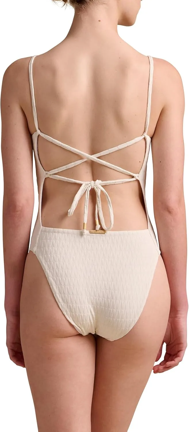 Wolford Logo Swim Beach Body for Women W Logo Shape High Cut Leg Openings Criss-Cross Back Gold Signature Beads Swimwear