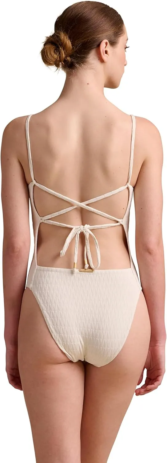 Wolford Logo Swim Beach Body for Women W Logo Shape High Cut Leg Openings Criss-Cross Back Gold Signature Beads Swimwear