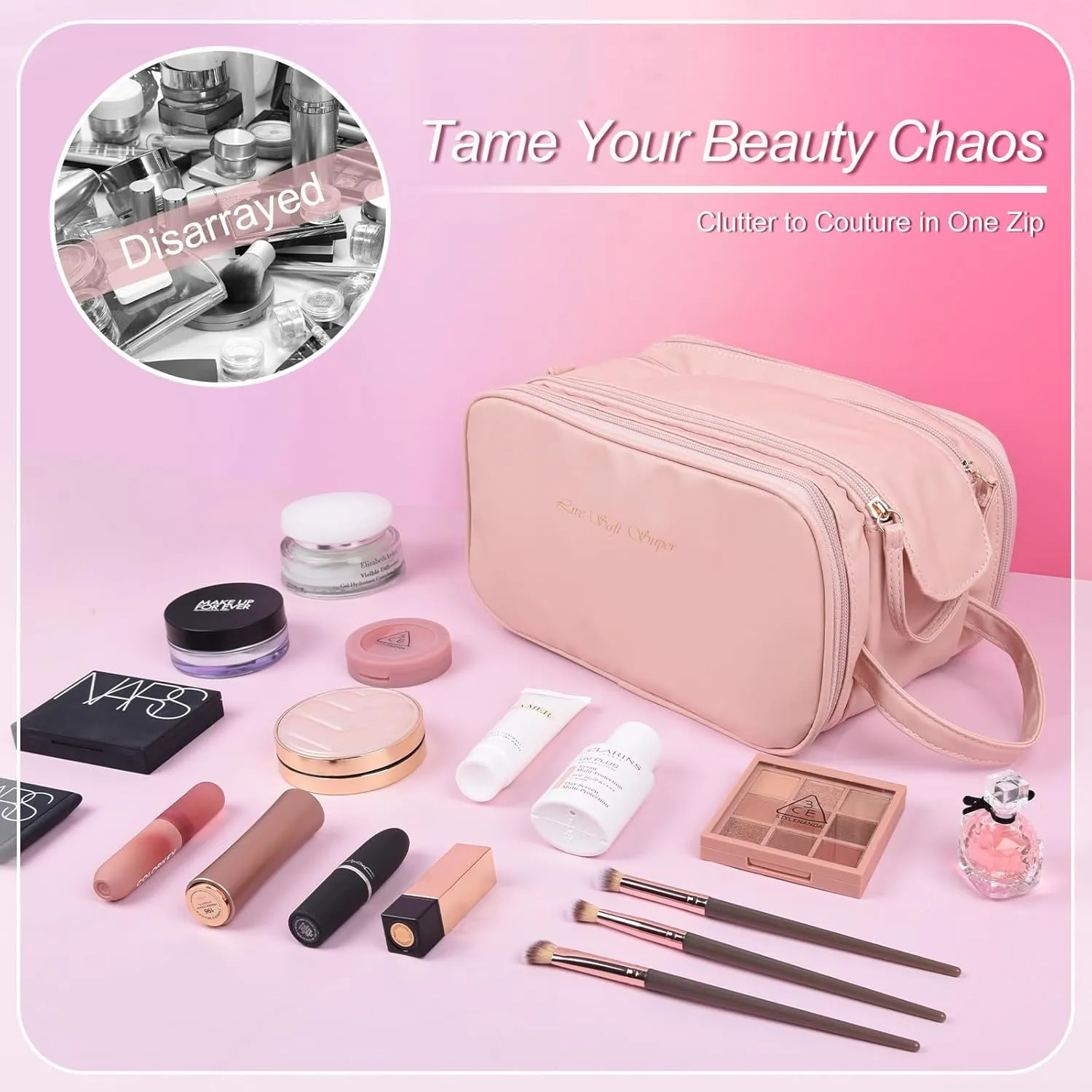 Women Travel Cosmetic Bag Portable Large Capacity Toiletry bags, Opening Waterproof PU Pouch Open Flat Makeup Bag, Travel Makeup Storage With Handle and Brush Organizer Pink