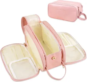 Women Travel Cosmetic Bag Portable Large Capacity Toiletry bags, Opening Waterproof PU Pouch Open Flat Makeup Bag, Travel Makeup Storage With Handle and Brush Organizer Pink