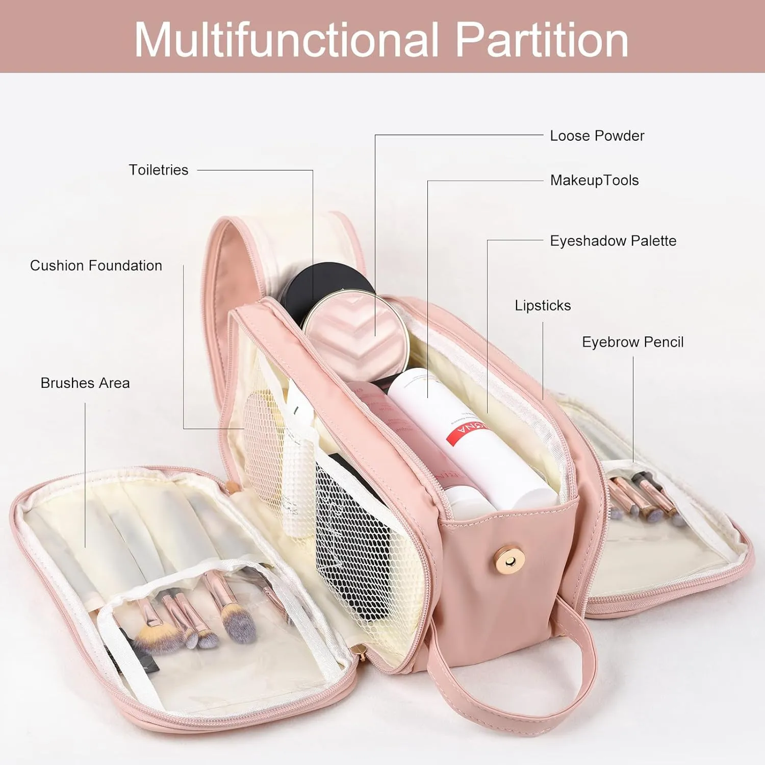 Women Travel Cosmetic Bag Portable Large Capacity Toiletry bags, Opening Waterproof PU Pouch Open Flat Makeup Bag, Travel Makeup Storage With Handle and Brush Organizer Pink