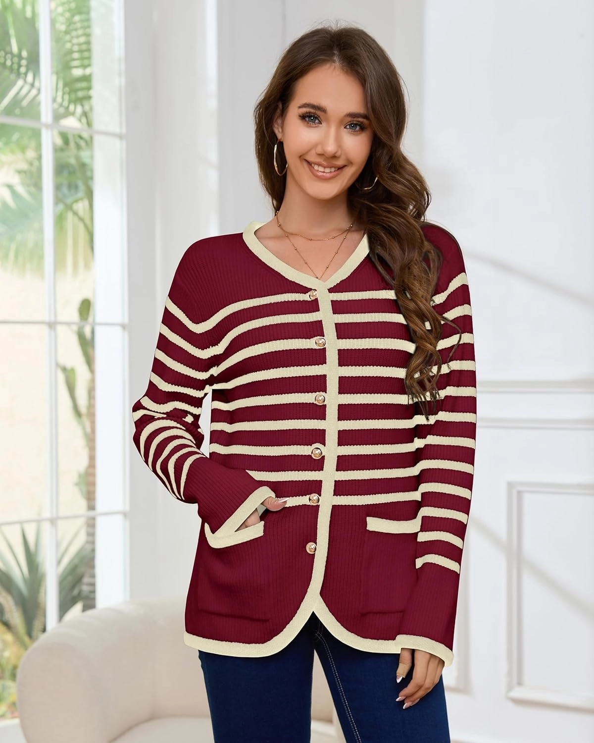 Women’s Knit Cardigan Sweaters Casual Long Sleeve Open Front Button Down Coat Trendy Winter Outerwear with Pockets,Loose Fit