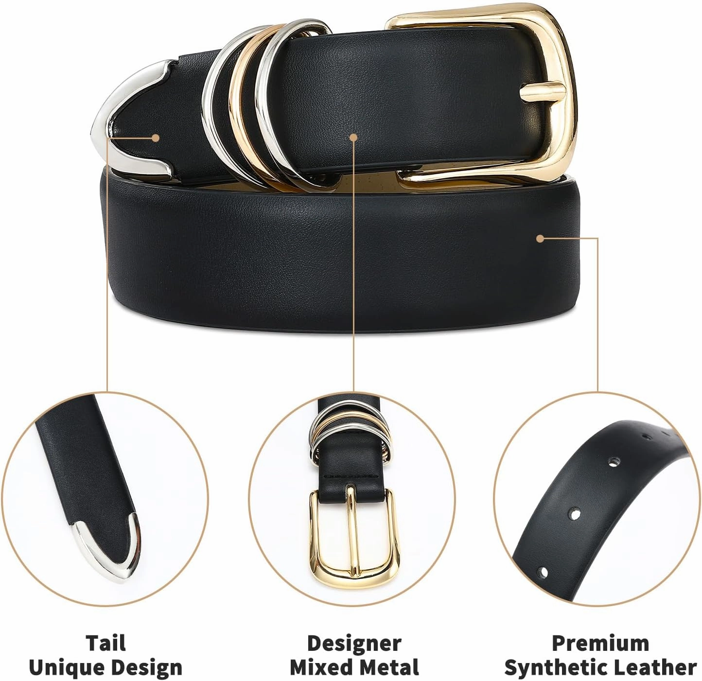 Women's Leather Belts with Gold Buckle Fashion Leather Waist Belt Elegant Ladies Belts for Jeans Dress & Casual Wear