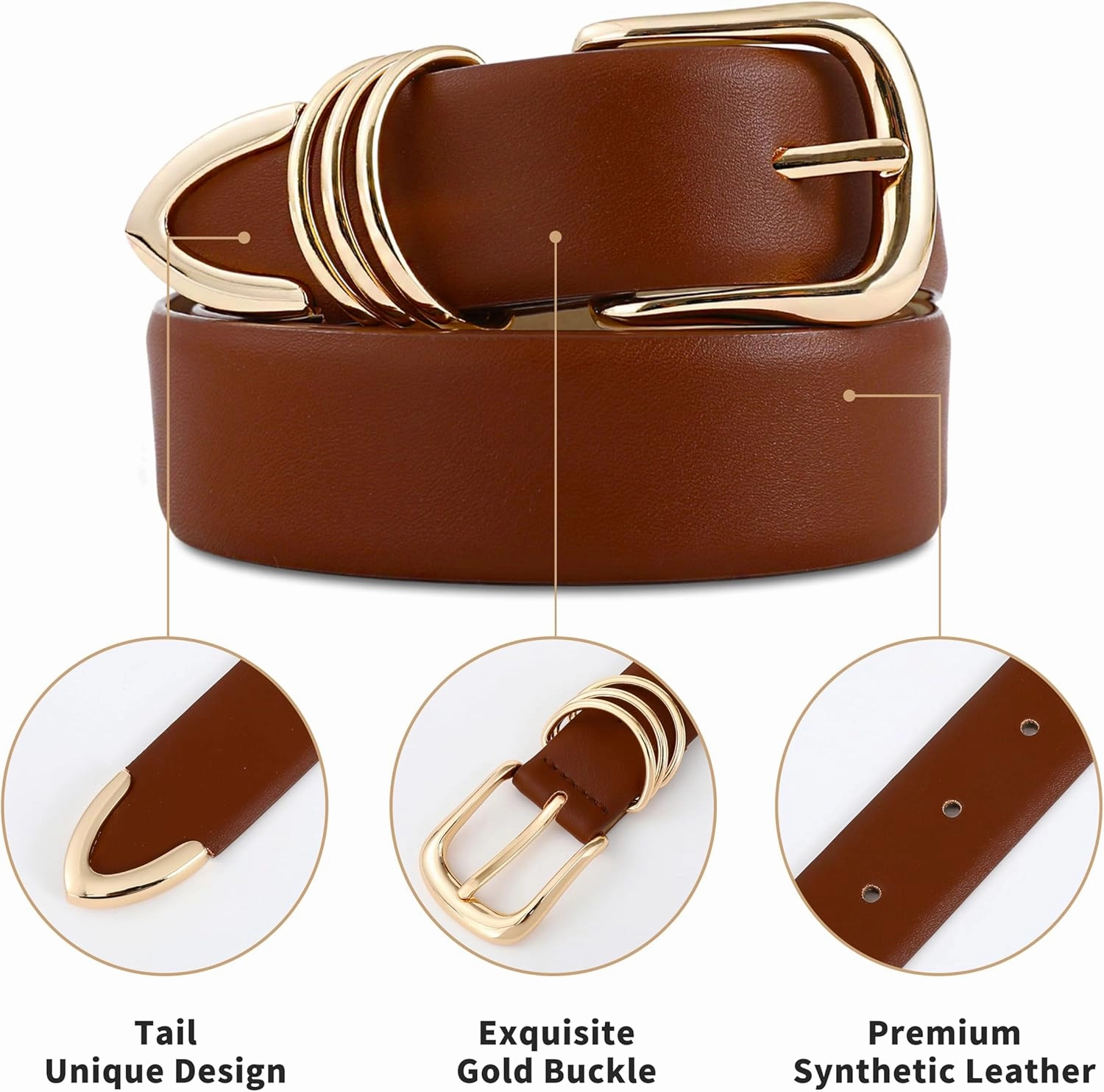 Women's Leather Belts with Gold Buckle Fashion Leather Waist Belt Elegant Ladies Belts for Jeans Dress & Casual Wear
