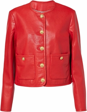 Women's Red Leather Jacket, Gold Button Front, Cropped Style, Round Neckline, Front Pockets