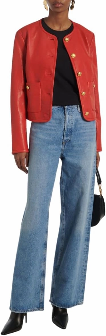 Women's Red Leather Jacket, Gold Button Front, Cropped Style, Round Neckline, Front Pockets