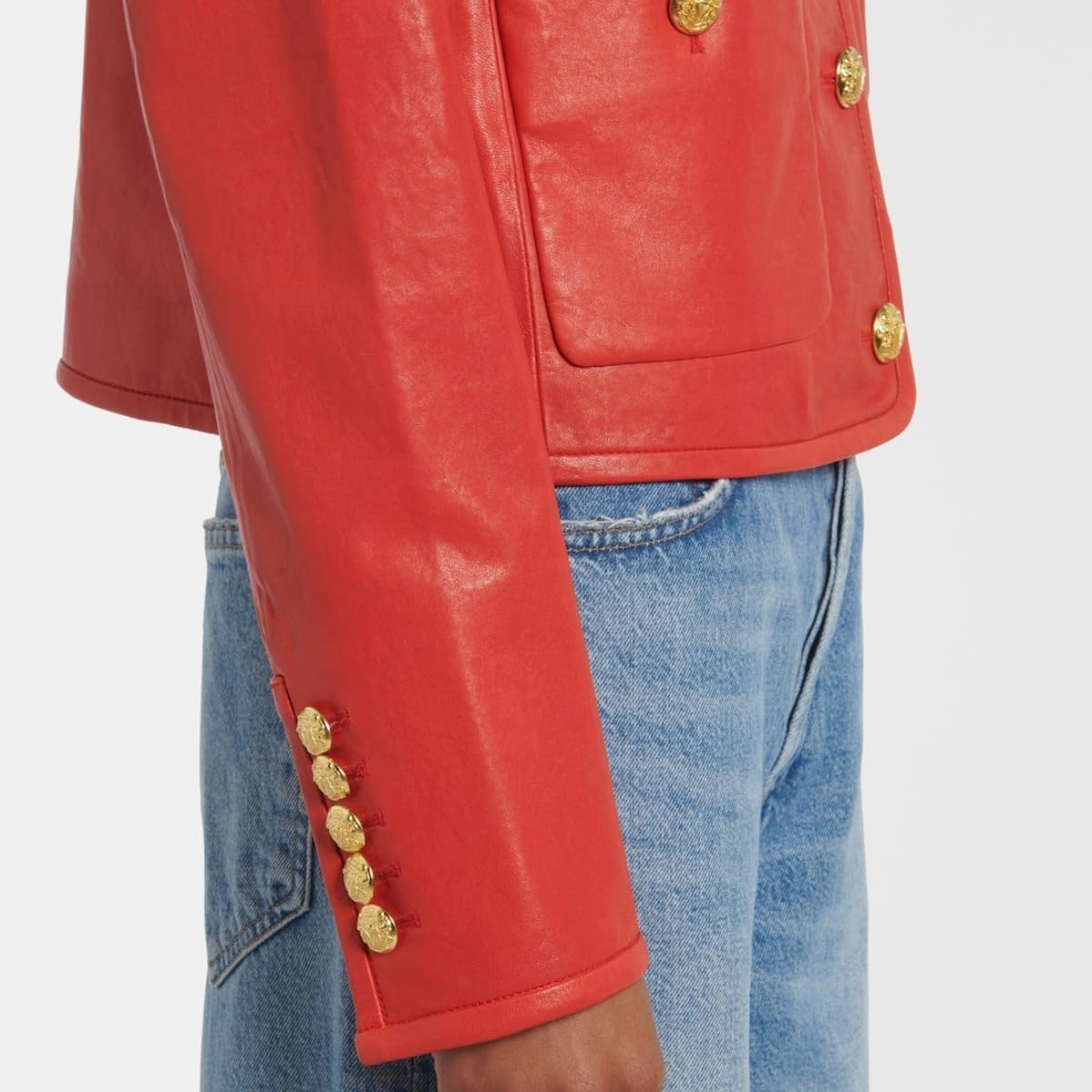 Women's Red Leather Jacket, Gold Button Front, Cropped Style, Round Neckline, Front Pockets