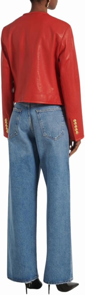 Women's Red Leather Jacket, Gold Button Front, Cropped Style, Round Neckline, Front Pockets