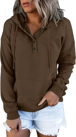Womens 2024 Hooded Button Collar Drawstring Hoodies Pullover Sweatshirts Casual Long Sleeve Tops Shirts