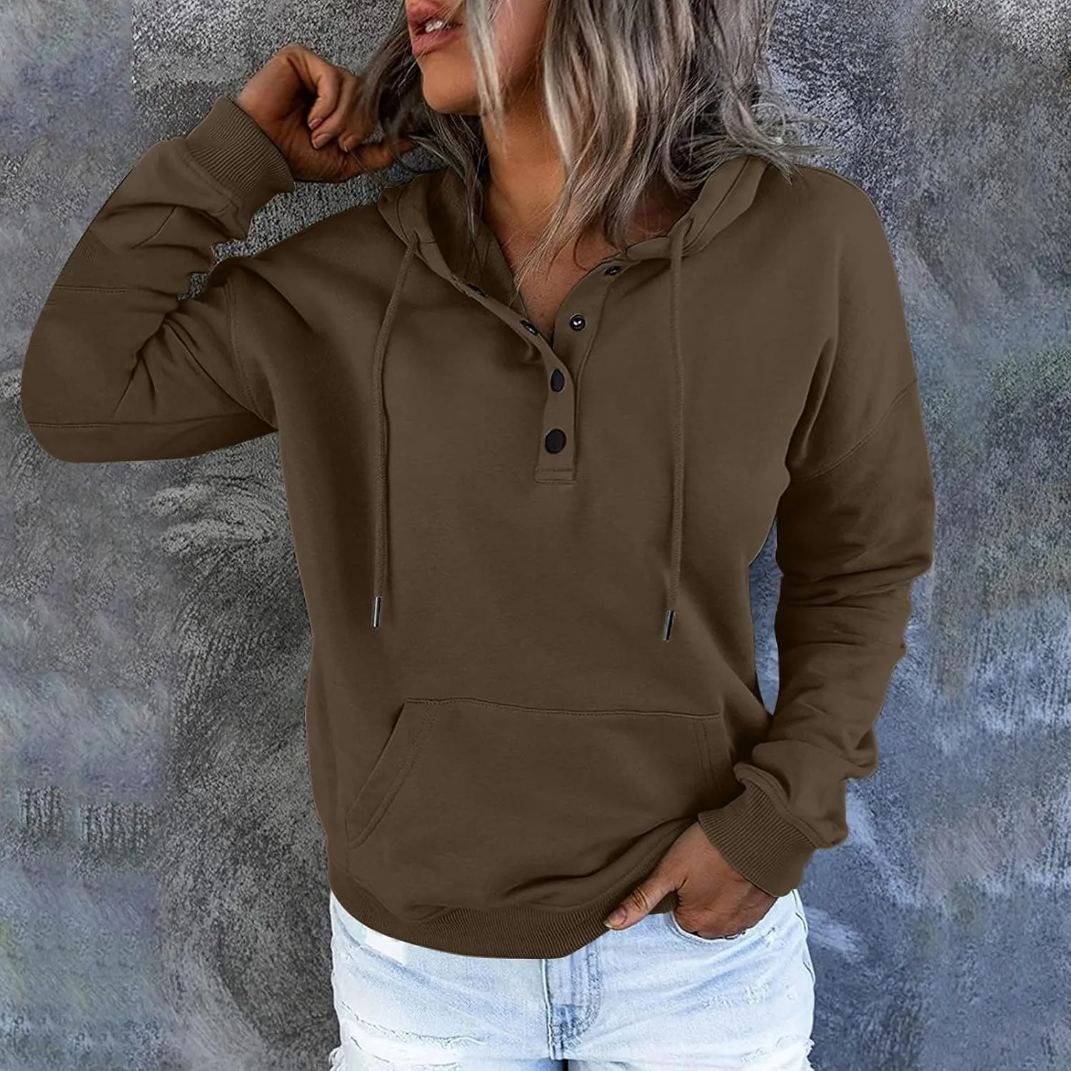 Womens 2024 Hooded Button Collar Drawstring Hoodies Pullover Sweatshirts Casual Long Sleeve Tops Shirts