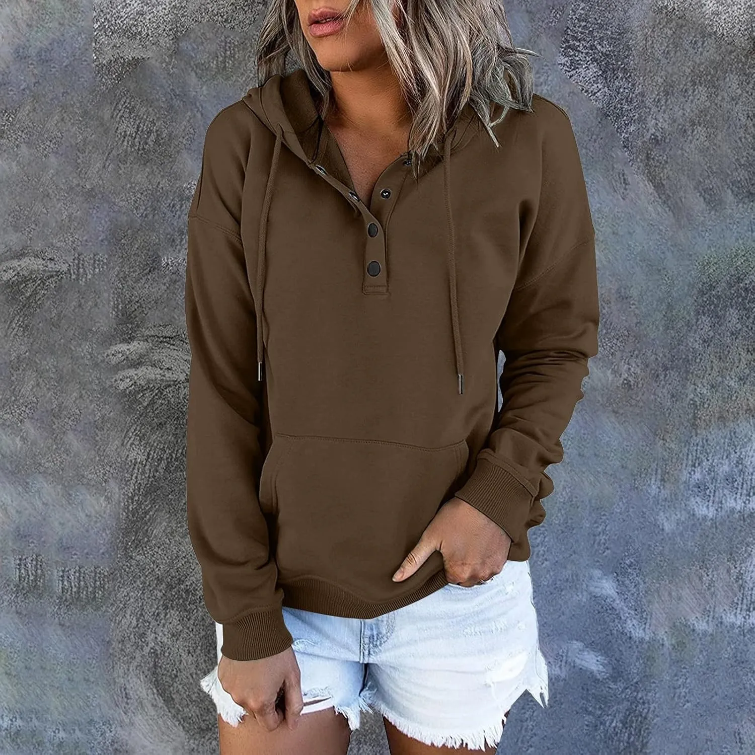 Womens 2024 Hooded Button Collar Drawstring Hoodies Pullover Sweatshirts Casual Long Sleeve Tops Shirts
