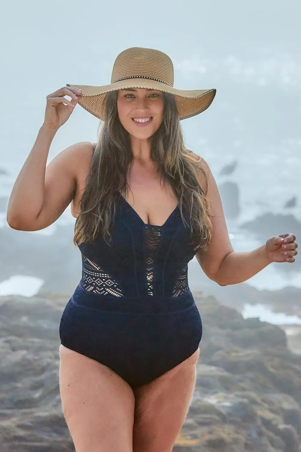 Women's Color Play Plus Size Crochet Tummy Control One Piece Swimsuit, Adjustable, Tie Back, Bathing Suits