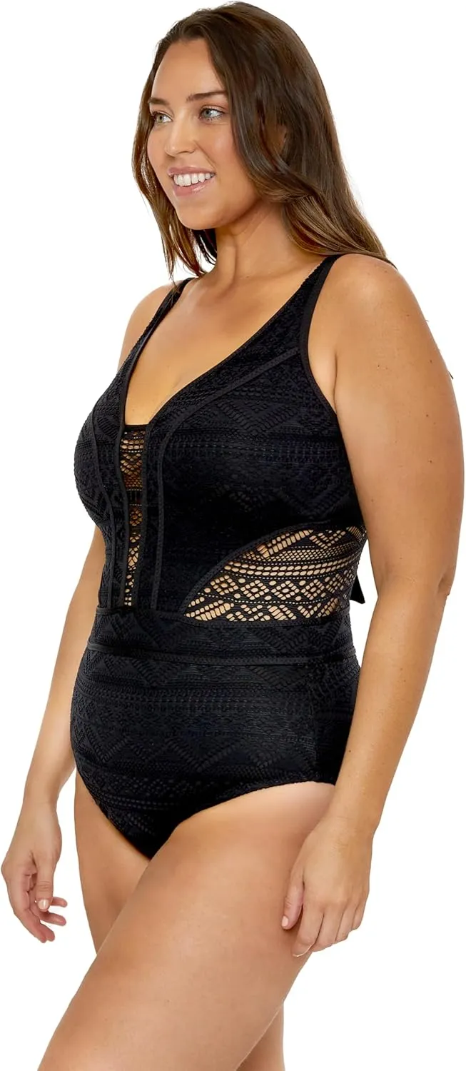 Women's Color Play Plus Size Crochet Tummy Control One Piece Swimsuit, Adjustable, Tie Back, Bathing Suits