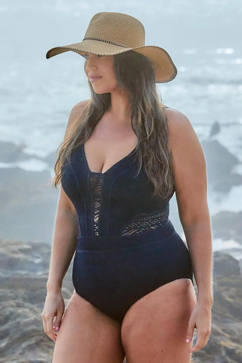 Women's Color Play Plus Size Crochet Tummy Control One Piece Swimsuit, Adjustable, Tie Back, Bathing Suits