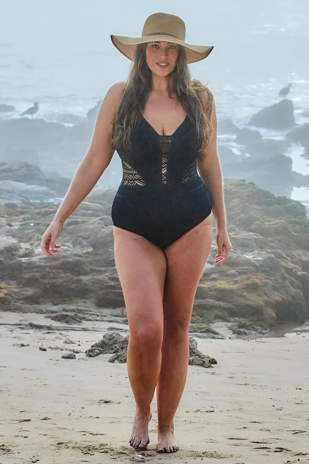 Women's Color Play Plus Size Crochet Tummy Control One Piece Swimsuit, Adjustable, Tie Back, Bathing Suits