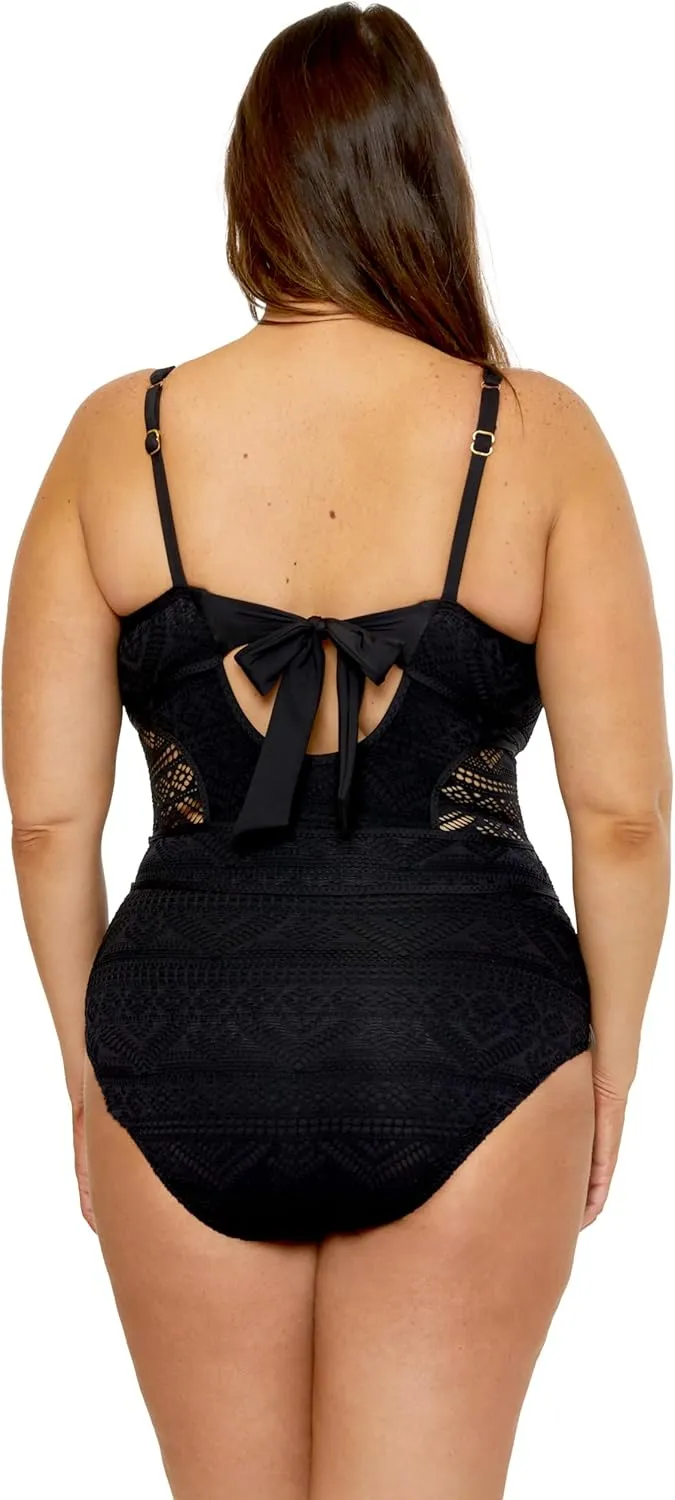 Women's Color Play Plus Size Crochet Tummy Control One Piece Swimsuit, Adjustable, Tie Back, Bathing Suits