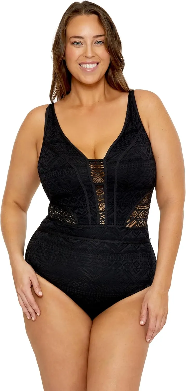Women's Color Play Plus Size Crochet Tummy Control One Piece Swimsuit, Adjustable, Tie Back, Bathing Suits