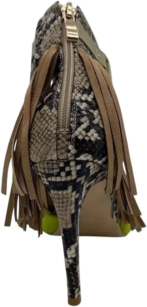 Women's Fringe Buckle Strap Snakeskin Heels-Lime Green Suede & Faux Python Open Toe Sandals. Size Inclusive.