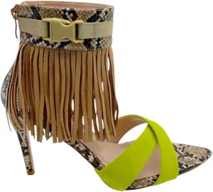 Women's Fringe Buckle Strap Snakeskin Heels-Lime Green Suede & Faux Python Open Toe Sandals. Size Inclusive.