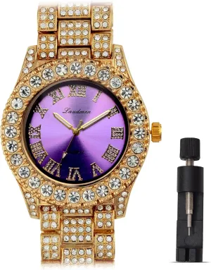 Women's Luxury Iced Bling Out Roman Numerals Watch & Bracelet Set – Big Rocks Bezel, Colored Dial