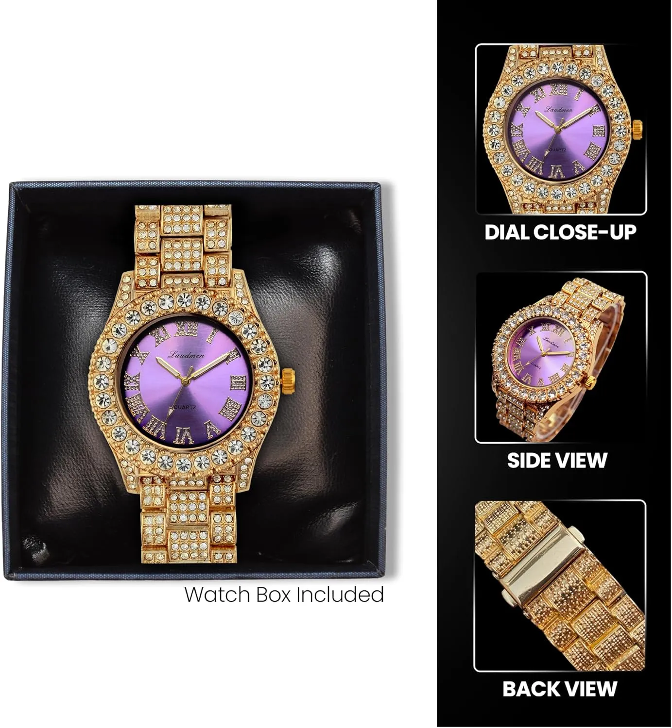 Women's Luxury Iced Bling Out Roman Numerals Watch & Bracelet Set – Big Rocks Bezel, Colored Dial