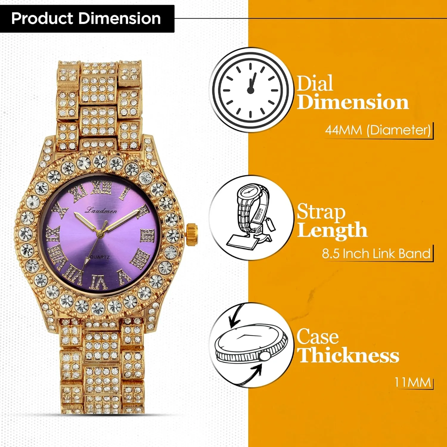 Women's Luxury Iced Bling Out Roman Numerals Watch & Bracelet Set – Big Rocks Bezel, Colored Dial