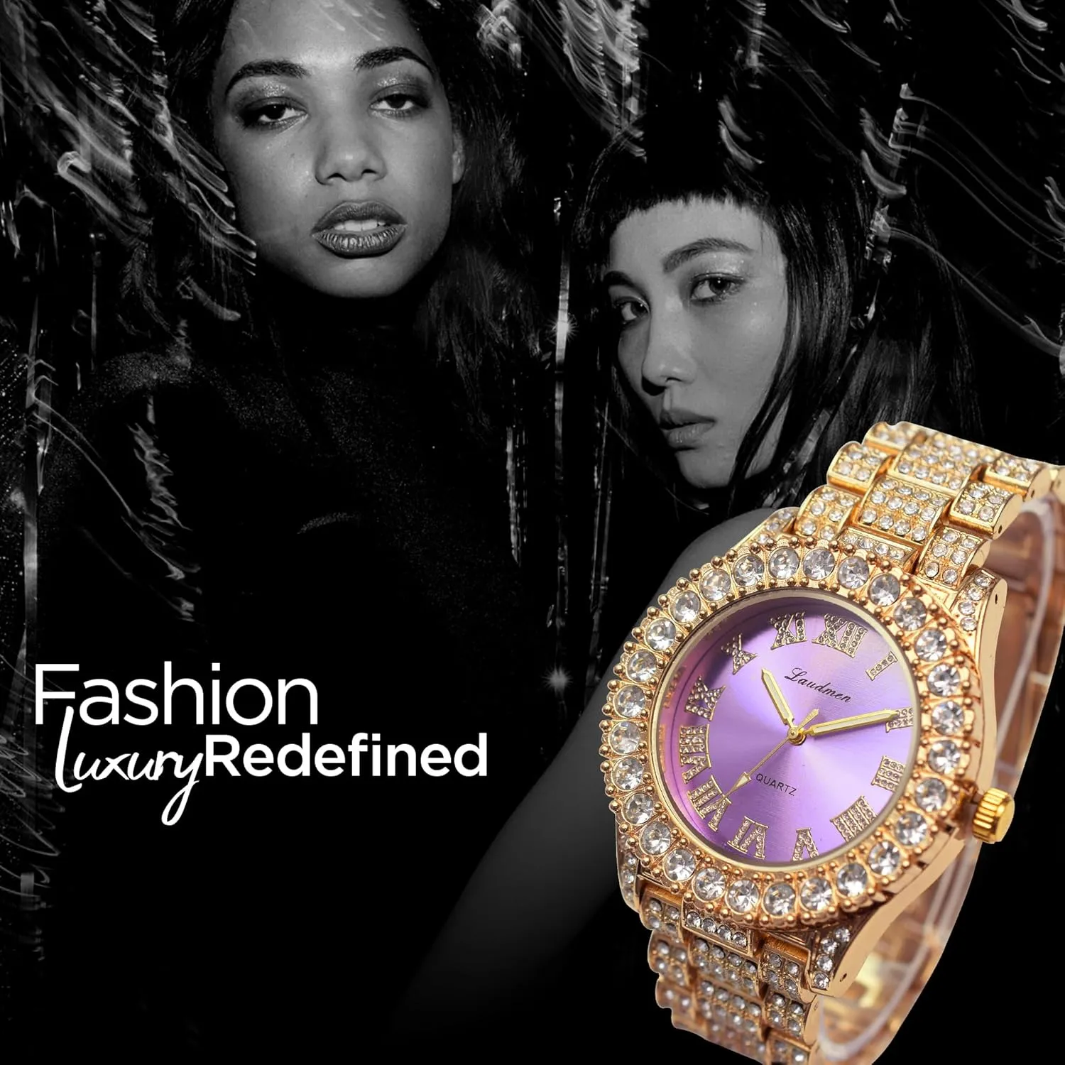 Women's Luxury Iced Bling Out Roman Numerals Watch & Bracelet Set – Big Rocks Bezel, Colored Dial