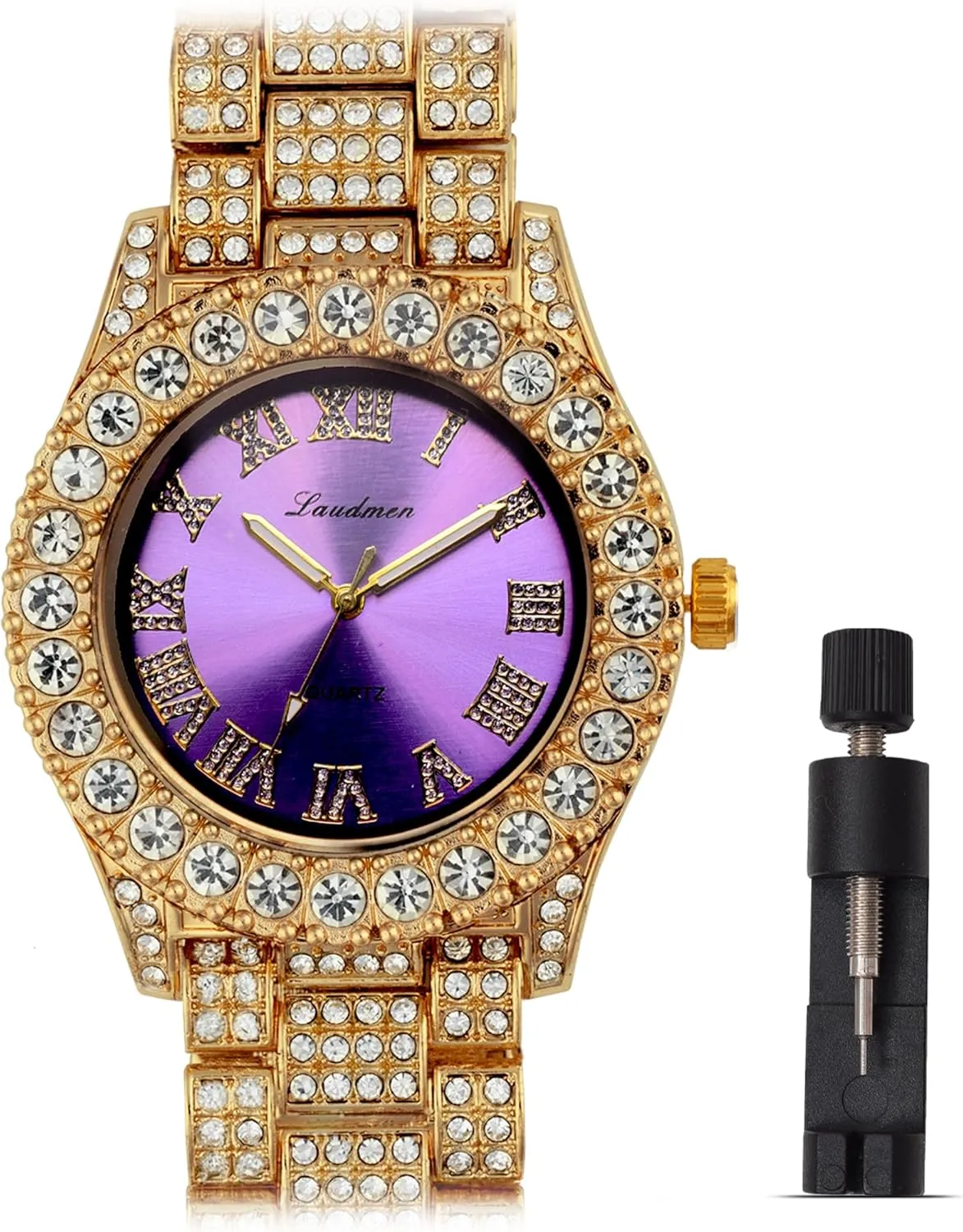 Women's Luxury Iced Bling Out Roman Numerals Watch & Bracelet Set – Big Rocks Bezel, Colored Dial