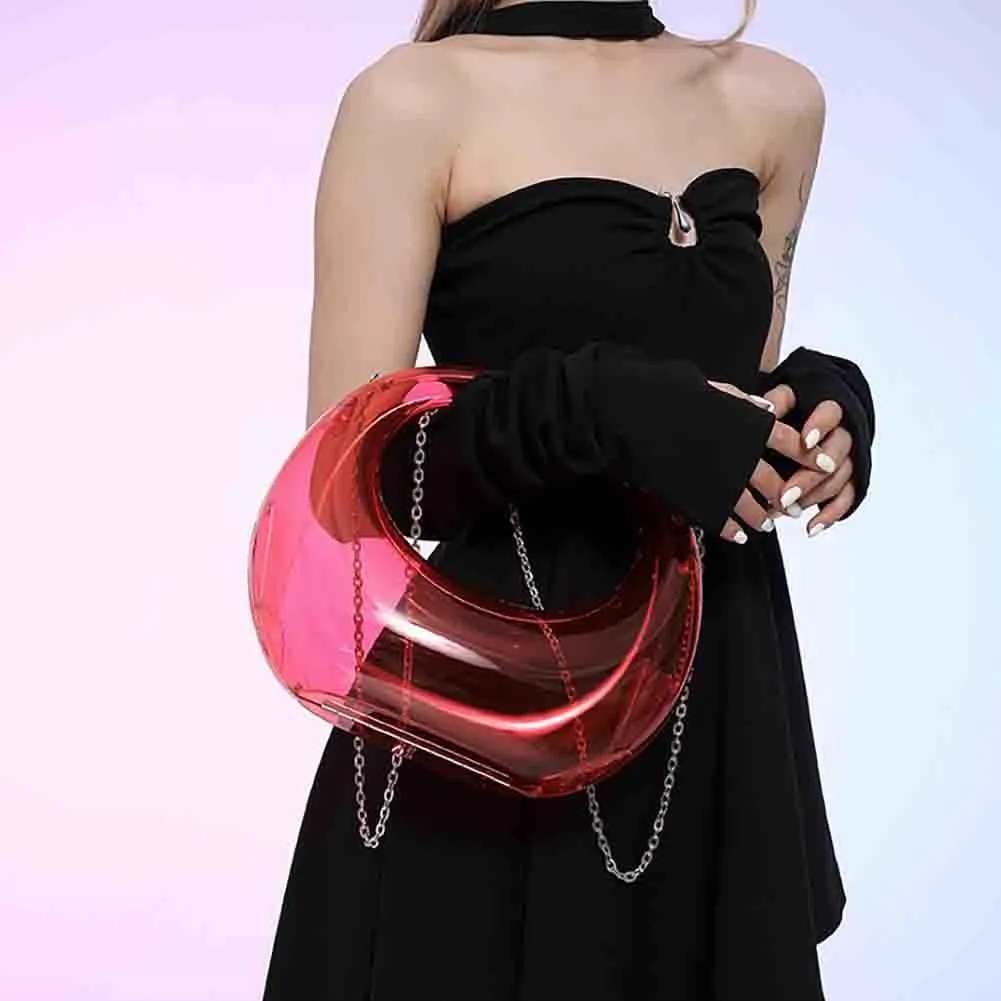 Women’s Moon Shaped Acrylic Transparent Bag, Top Handle Handbag Underarm Purse, Clear Beach Hobo Clutch Evening Shoulder Bag