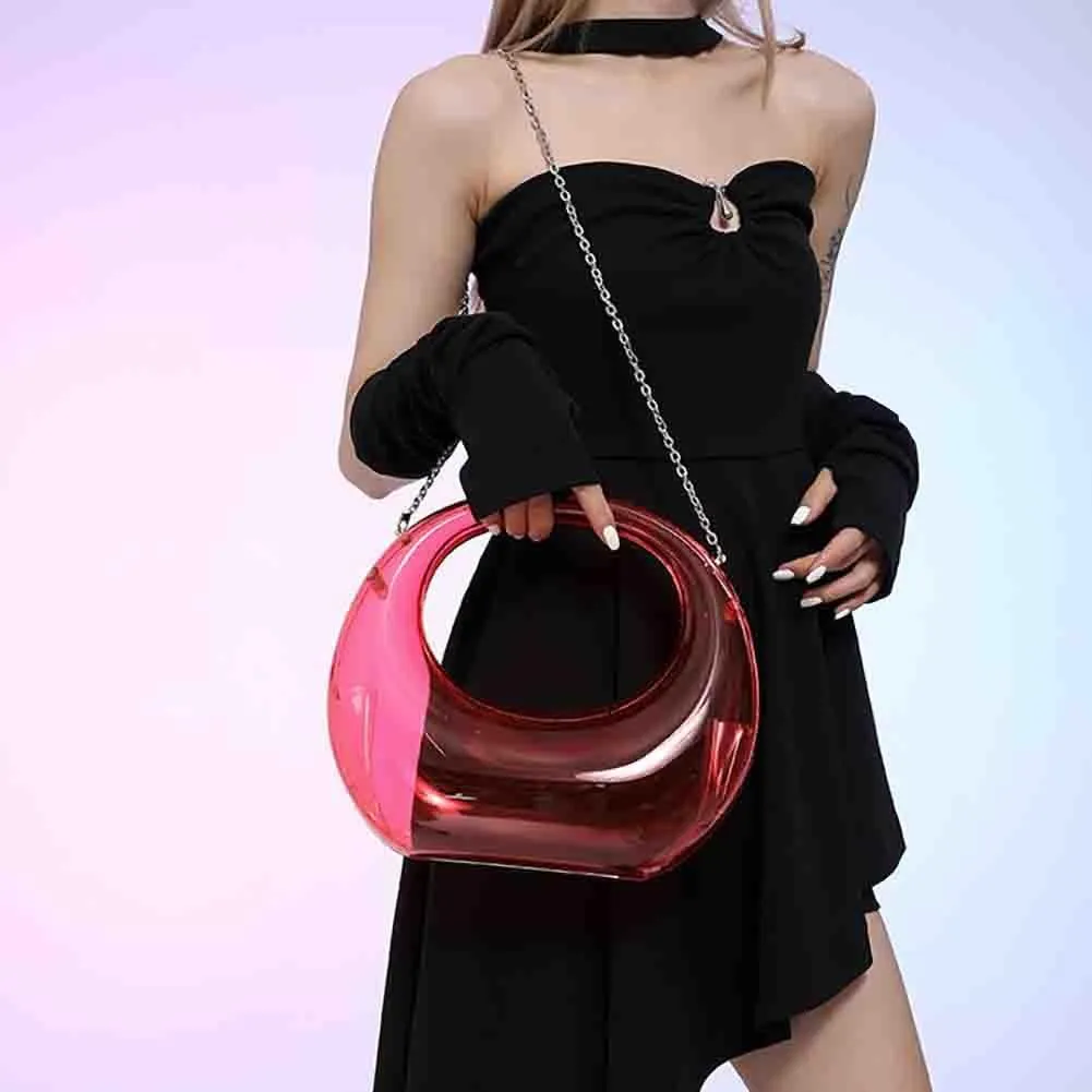 Women’s Moon Shaped Acrylic Transparent Bag, Top Handle Handbag Underarm Purse, Clear Beach Hobo Clutch Evening Shoulder Bag