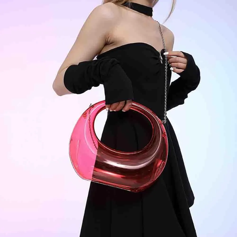 Women’s Moon Shaped Acrylic Transparent Bag, Top Handle Handbag Underarm Purse, Clear Beach Hobo Clutch Evening Shoulder Bag