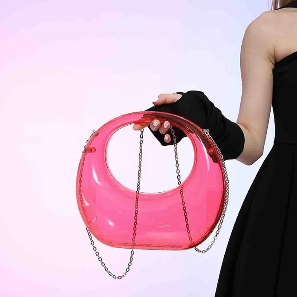 Women’s Moon Shaped Acrylic Transparent Bag, Top Handle Handbag Underarm Purse, Clear Beach Hobo Clutch Evening Shoulder Bag