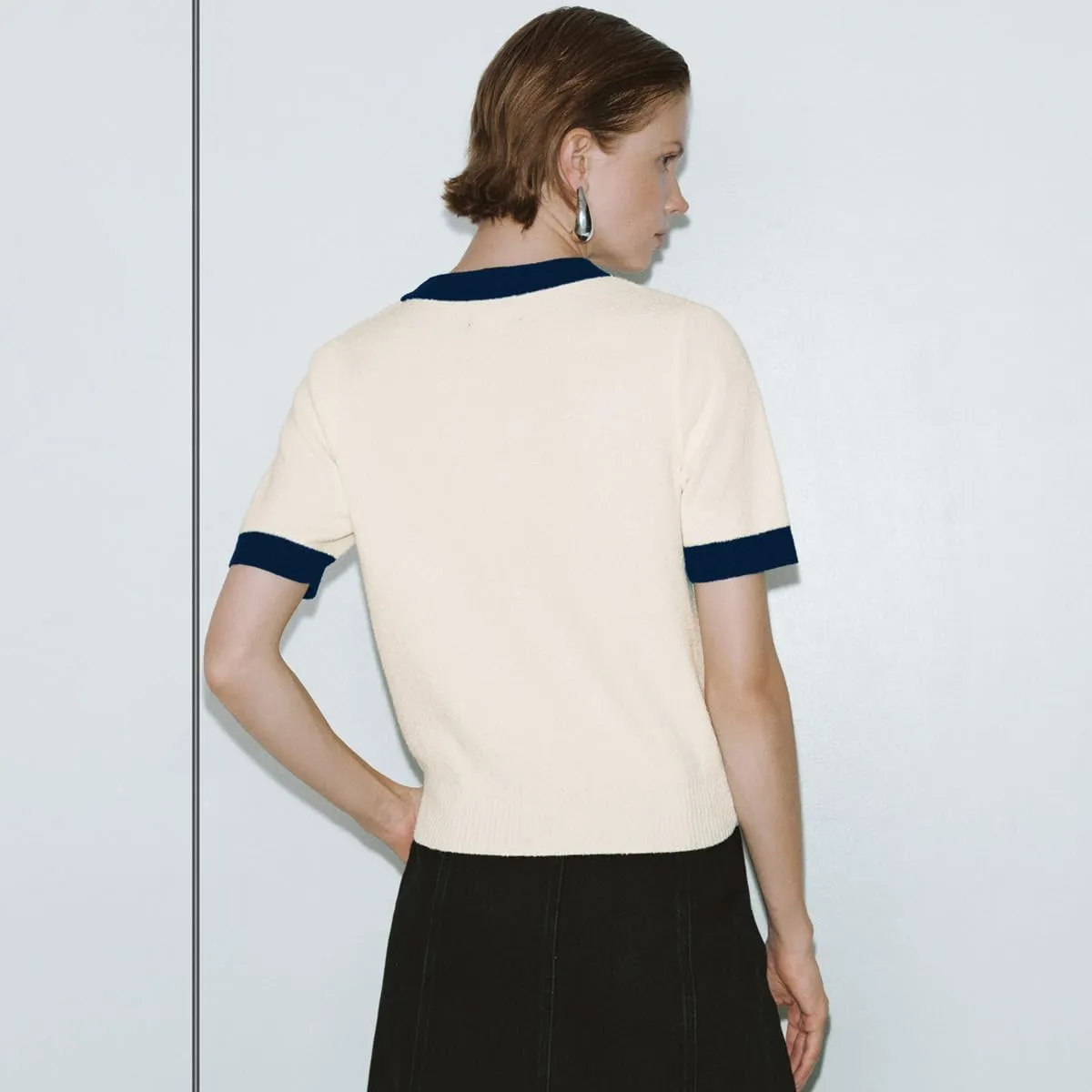 Women's Short Sleeve Sweater Summer Crew Neck Cropped Color Block Tops Casual Knit Shirts with Pockets