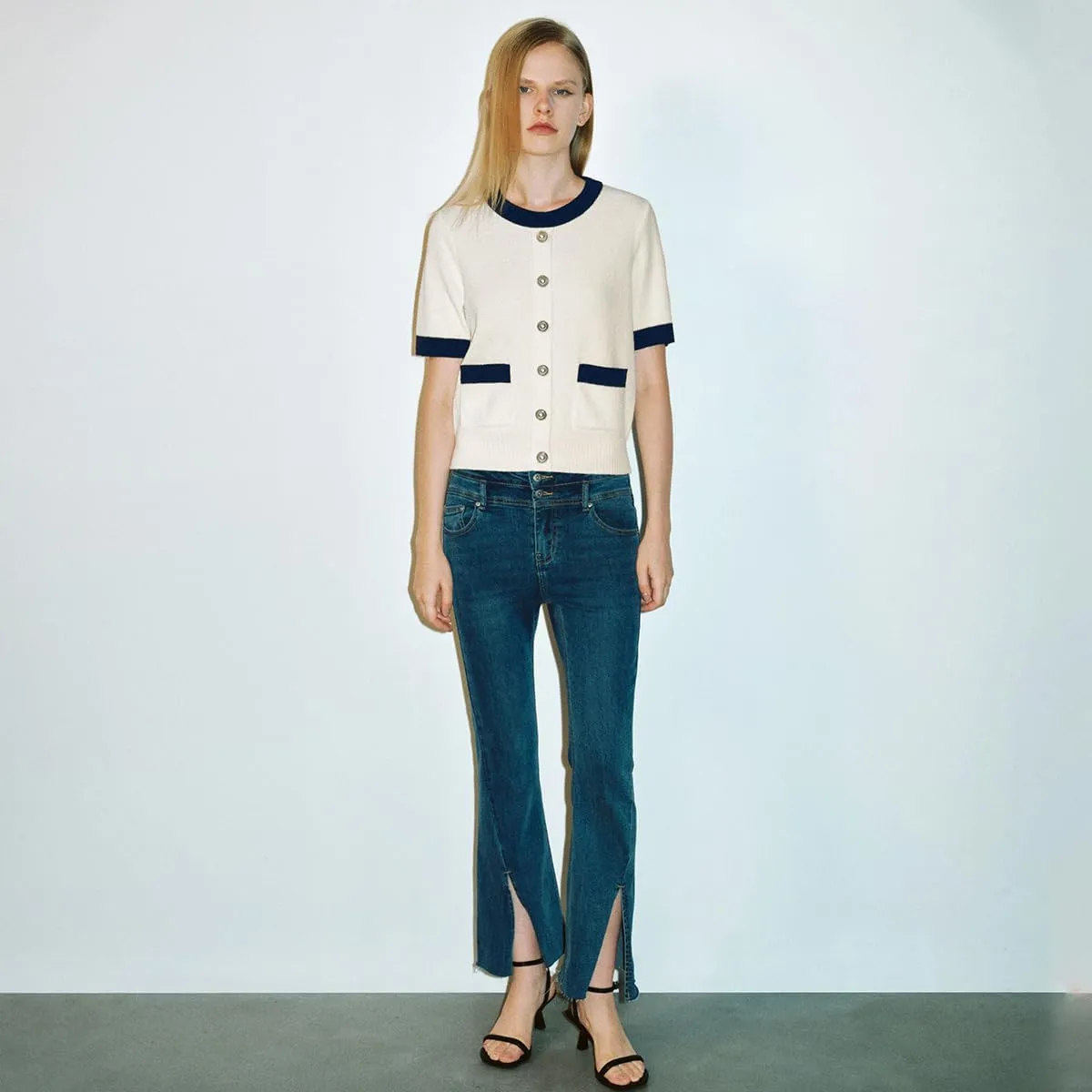 Women's Short Sleeve Sweater Summer Crew Neck Cropped Color Block Tops Casual Knit Shirts with Pockets