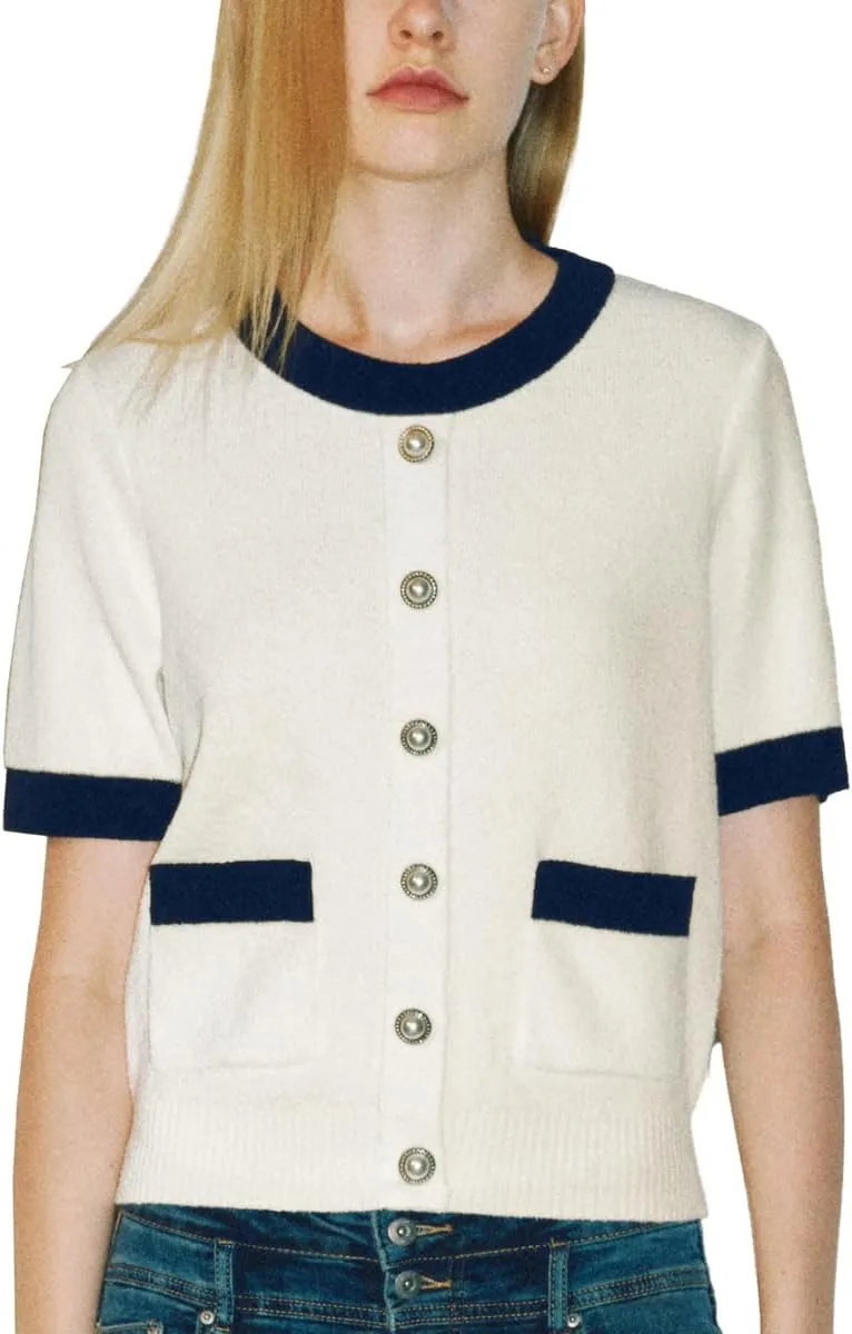 Women's Short Sleeve Sweater Summer Crew Neck Cropped Color Block Tops Casual Knit Shirts with Pockets