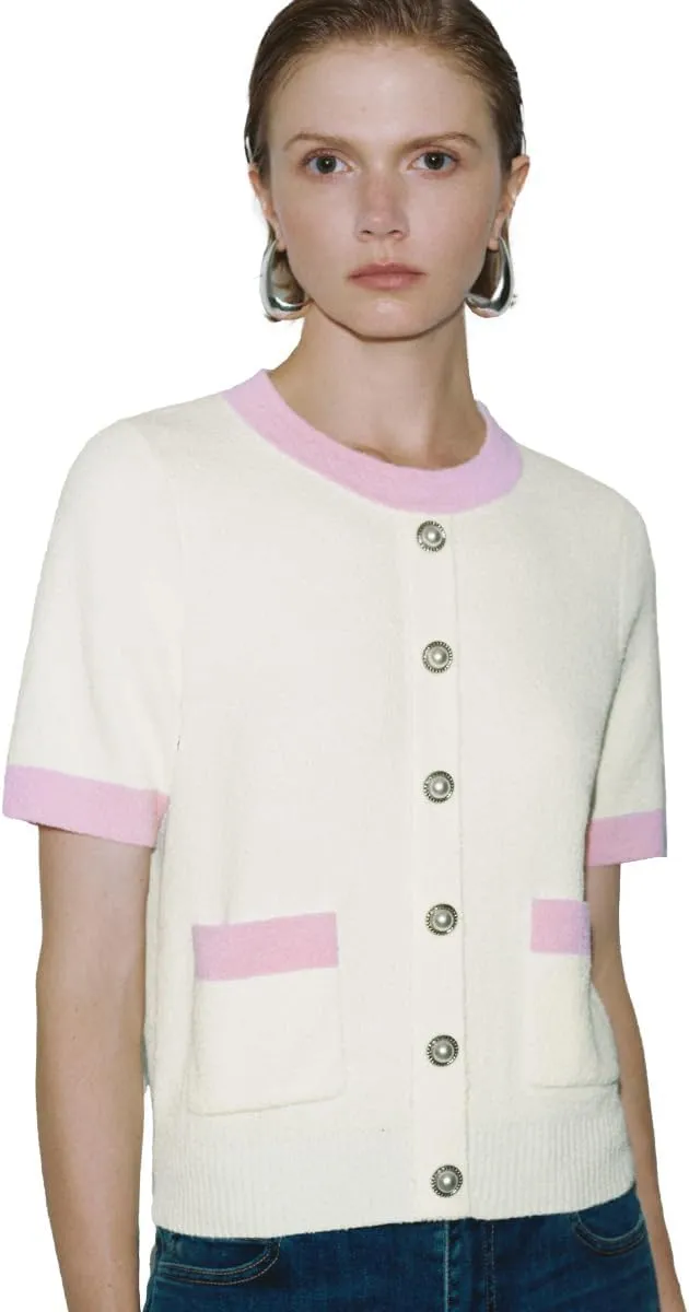 Women's Short Sleeve Sweater Summer Crew Neck Cropped Color Block Tops Casual Knit Shirts with Pockets